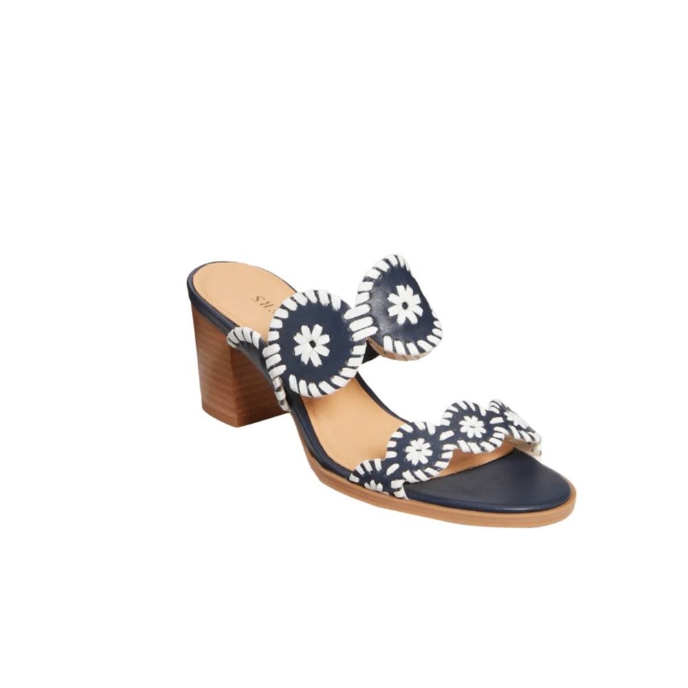 Jack Rogers Lauren Mid Heel Navy White Sandals Nautical Coastal Resort Womens 6